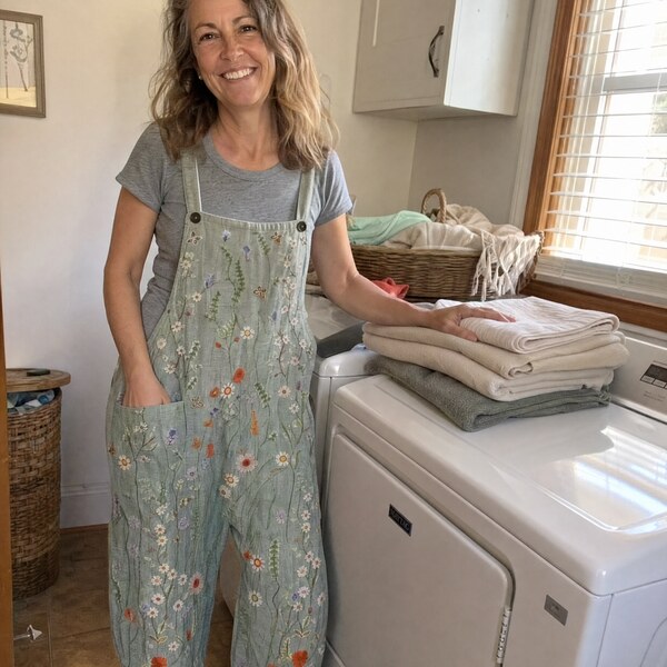 Jenny Marsh wearing Pearl's Easy Days overalls in her laundry room