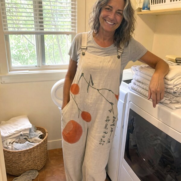 Linda Sanchez wearing Pearl's Easy Days overalls in her laundry room
