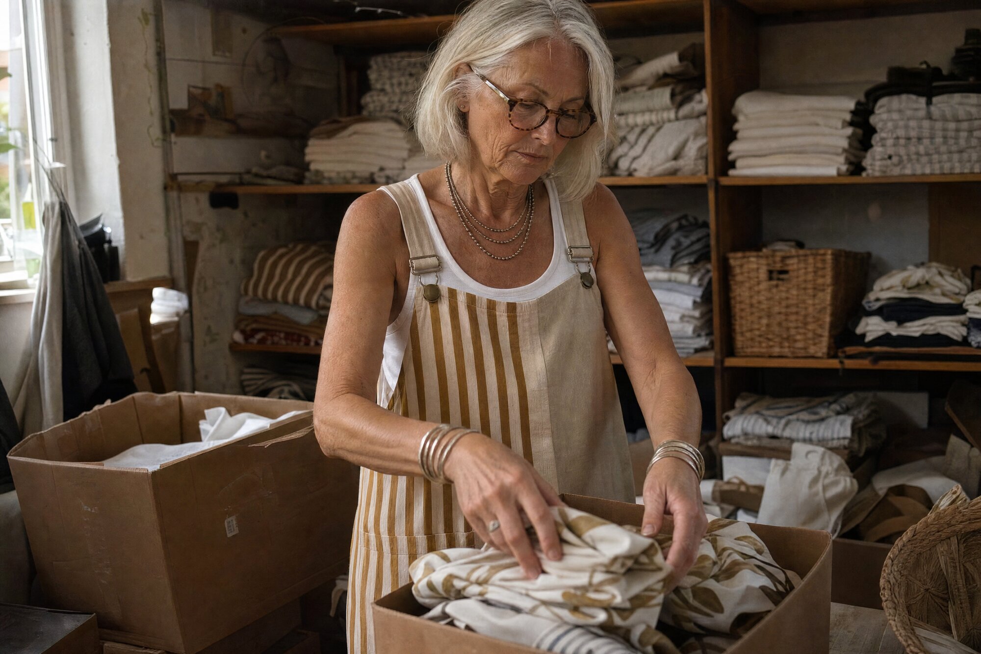 Rosie sorting stock into boxes in the stockroom, handing the shop over to Pearl