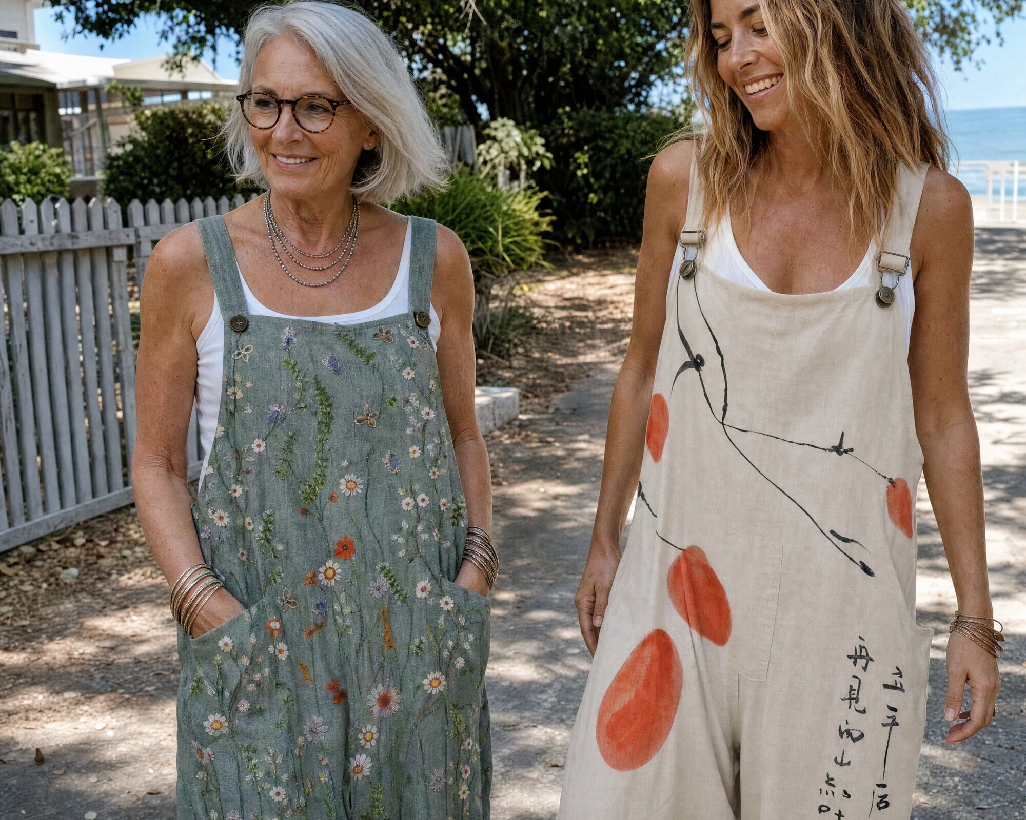 Rosie and Pearl walking together near the coast, both wearing Pearl's Easy Days overalls