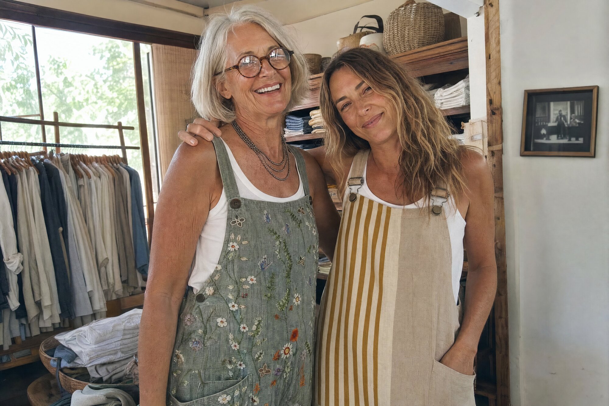 Rosie and Pearl together in the doorway of their Noosa boutique, both wearing Pearl's Easy Days overalls